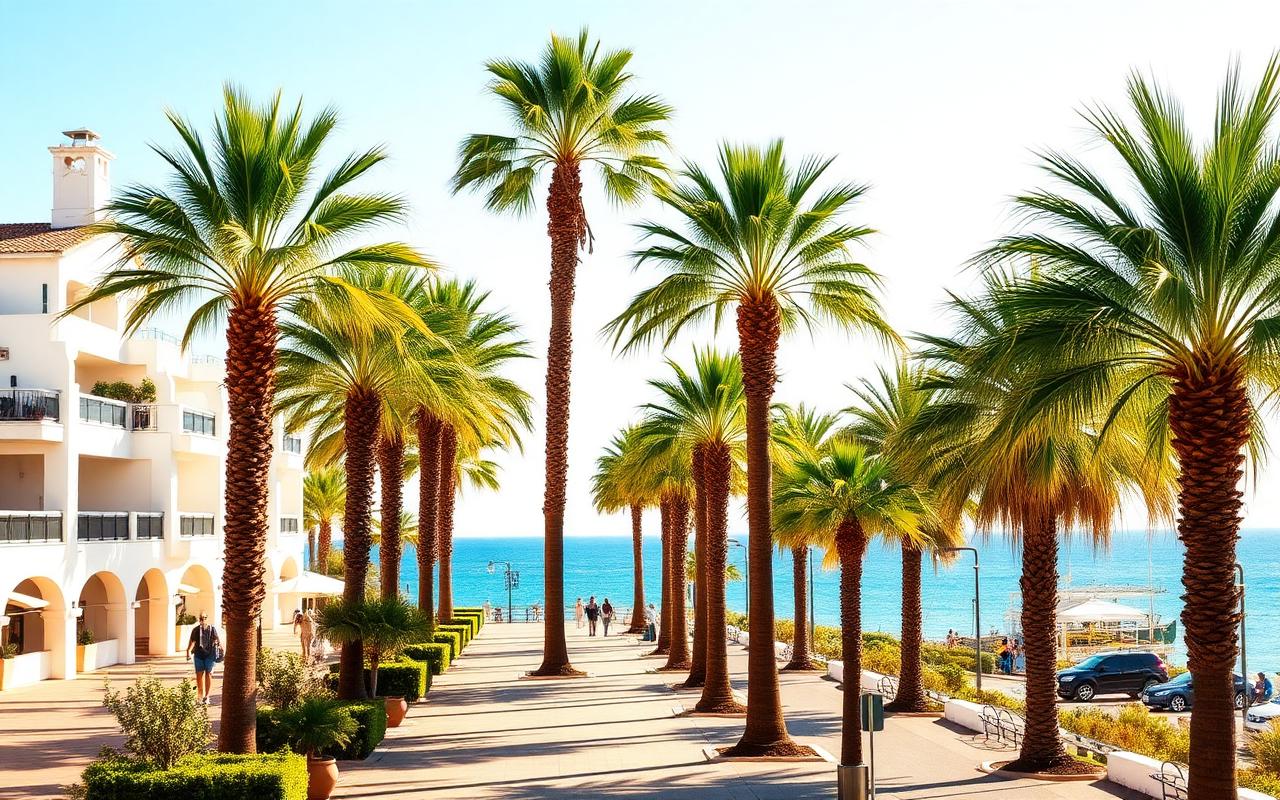 Solig strandpromenad med palmer och Medelhavet i Marbella, Spanien — destination för Padeltogethers vårresa 2027